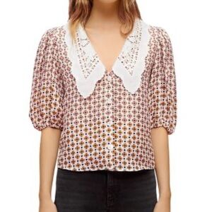 MAJE Cosange Embroidered Collar Printed Linen Shirt Size 1